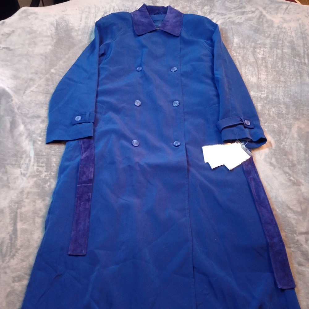 Terry Lewis Double Breasted Trench Rain Coat Jacket Royal Blue Size Small Belted
